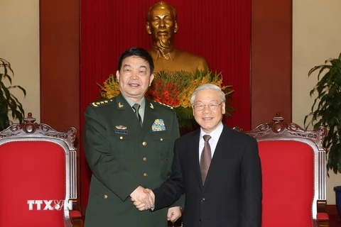 Tổng Bí thư Nguyễn Phú Trọng tiếp Thượng tướng Thường Vạn Toàn, Ủy viên Quốc vụ, Bộ trưởng Bộ Quốc phòng Trung Quốc. (Ảnh: Trí Dũng/TTXVN)