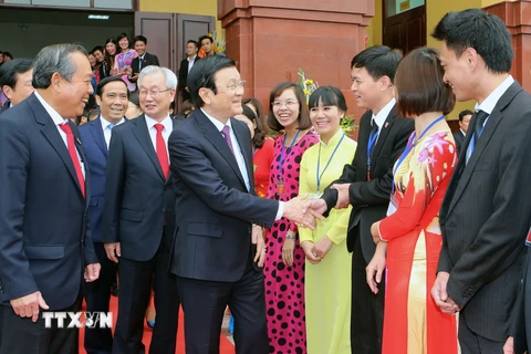 Chủ tịch nước Trương Tấn Sang đến dự Lễ Công bố Quyết định thành lập Học viện Tòa án và khai mạc kỳ thi tuyển chọn Thẩm phán năm 2016. (Ảnh: Nguyễn Khang/TTXVN)