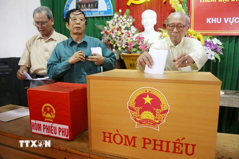 Cử tri khu vực bầu cử số 2, xã Vĩnh Lại, huyện Lâm Thao, Phú Thọ bó phiếu bầu đại biểu Hội đồng Nhân dân cấp xã. (Ảnh: Trung Kiên/TTXVN) 