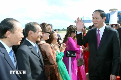 Nhân dân Lào và cán bộ, nhân viên Lãnh sự quán, bà con kiều bào tại tỉnh Champasak đón Chủ tịch nước Trần Đại Quang tại sân bay Quốc tế Pakse. (Ảnh: Nhan Sáng/TTXVN)