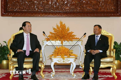 Chủ tịch nước Trần Đại Quang gặp Chủ tịch Thượng viện Vương quốc Campuchia Samdech Vbol Sena Pheakdey Say Chhum. (Ảnh: Nhan Sáng/TTXVN)