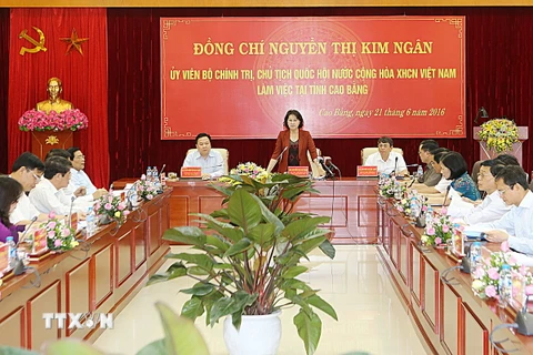 Chủ tịch Quốc hội Nguyễn Thị Kim Ngân phát biểu tại buổi làm việc với cán bộ chủ chốt tỉnh Cao Bằng. (Ảnh: Trọng Đức/TTXVN)