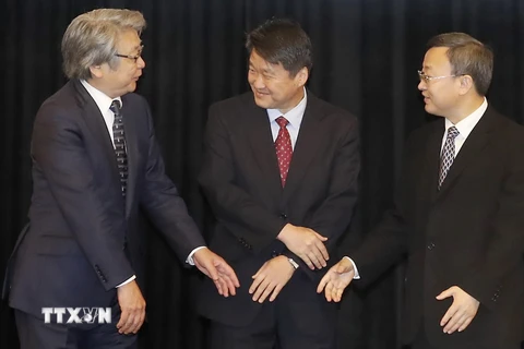 Thứ trưởng Bộ Thương mại Hàn Quốc Kim Hak-Do (giữa), Thứ trưởng Bộ thương mại Trung Quốc Vương Thụ Văn (phải) và Thứ trưởng Bộ Ngoại giao Nhật Bản Keiichi Katakami (trái). (Nguồn: EPA/TTXVN)