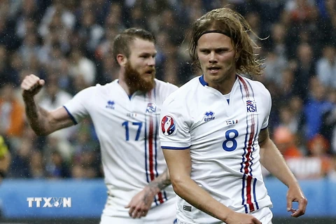 Cầu thủ Birkir Bjarnason (phải) ăn mừng khi ghi bàn rút ngắn tỷ số xuống 2-5 cho Iceland vào lưới đội tuyển Pháp. (Nguồn: EPA/TTXVN)