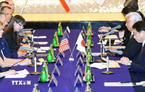 Hai phái đoàn Mỹ và Nhật Bản tại cuộc họp về việc sửa đổi Hiệp ước SOFA. (Nguồn: Kyodo/TTXVN)