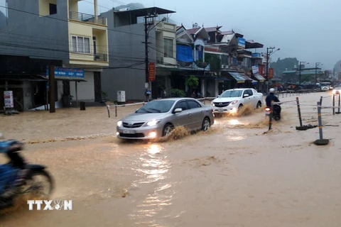 Nhiều tuyến giao thông trên địa bàn thành phố Cẩm Phả bị ngập lụt cục bộ làm ách tắc giao thông. (Ảnh: Văn Đức/TTXVN) 