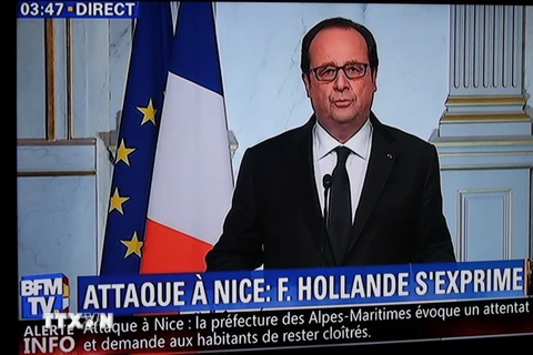 Tổng thống Pháp Francoise Hollande phát biểu trực tiếp trên đài truyền hình quốc gia. (Nguồn: AFP)