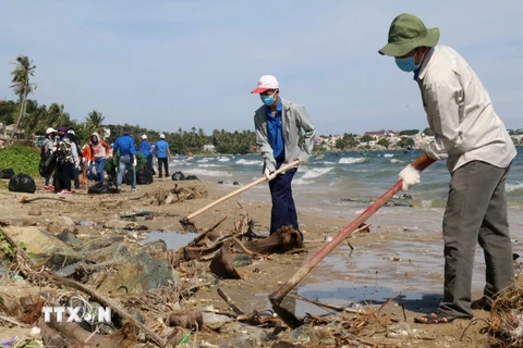 Đoàn viên thanh niên thu gom rác thải và làm sạch 2km bãi biển tại phường Mũi Né, thành phố Phan Thiết. (Ảnh: Nguyễn Thanh/TTXVN)