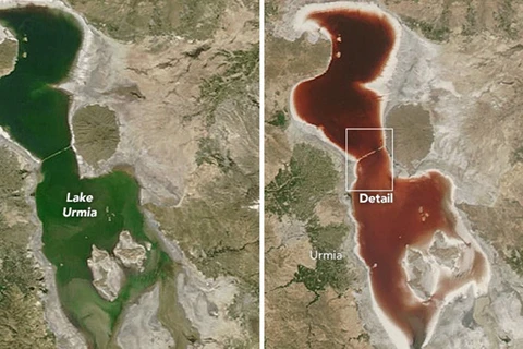 Hồ Urmia trước và sau đợt hạn hán. (Nguồn: earthobservatory.nasa.gov)