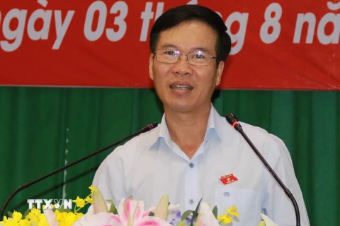 Trưởng Ban Tuyên giáo Trung ương Võ Văn Thưởng phát biểu tại hội nghị tiếp xúc cử tri tại huyện Nhơn Trạch, Đồng Nai. (Ảnh: Sỹ Tuyên/TTXVN)