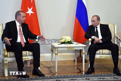 Tổng thống Nga Vladimir Putin (phải) và Tổng thống Thổ Nhĩ Kỳ Recep Tayip Erdogan trong cuộc hội đàm. (Nguồn: EPA/TTXVN)