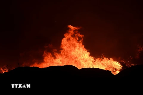 Cháy rừng lan rộng gần tuyến đường cao tốc ở Vitrolles. (Nguồn: AFP/TTXVN)