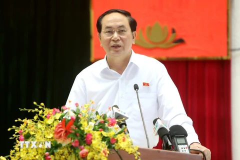 Chủ tịch nước Trần Đại Quang phát biểu tại buổi tiếp xúc cử tri. (Ảnh: Nhan Sáng/TTXVN)