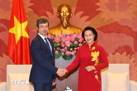 Chủ tịch Quốc hội Nguyễn Thị Kim Ngân tiếp Bộ trưởng Tư pháp Cộng hòa Italia Andrea Orlando sang thăm và làm việc tại Việt Nam. (Ảnh: Doãn Tấn/TTXVN)