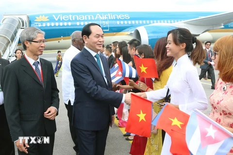 Cán bộ nhân viên Đại sứ quán, lưu học sinh Việt Nam tại Cuba đón Chủ tịch nước Trần Đại Quang và Phu nhân tại sân bay Quốc tế Jose Marti. (Ảnh: Nhan Sáng/TTXVN)