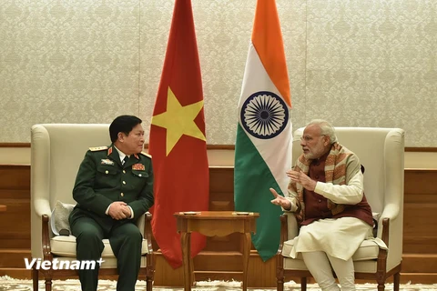 Thủ tướng Cộng hòa Ấn Độ Narendra Modi đã tiếp Đại tướng Ngô Xuân Lịch, Ủy viên Bộ Chính trị, Bộ trưởng Bộ Quốc phòng. (Ảnh: Huy Bình/Vietnam+)