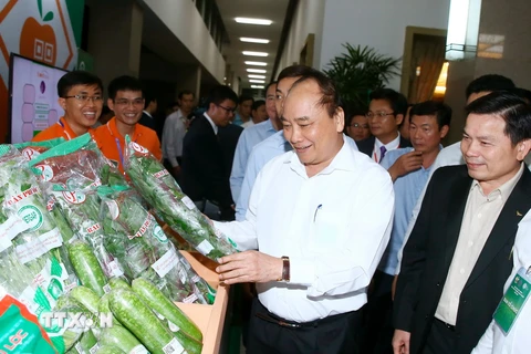 Thủ tướng Nguyễn Xuân Phúc thăm gian hàng trưng bày tại hội nghị. (Ảnh: Thống Nhất/TTXVN)