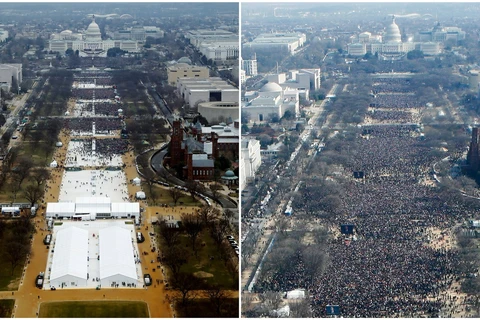 Đám đông ở quảng trưởng Quốc gia (National Mall) trong lễ nhậm chức của ông Trump năm 2017 (ltrái) và lễ nhậm chức của ông Barack Obama năm 2009 (phải). (Nguồn: Reuters)