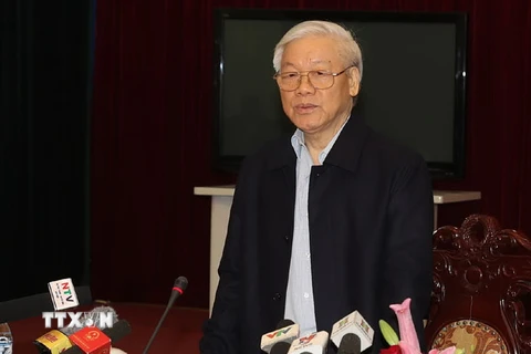 Tổng Bí thư Nguyễn Phú Trọng phát biểu tại buổi làm việc với Ban Thường vụ Tỉnh ủy Nam Định. (Ảnh: Trí Dũng/TTXVN)