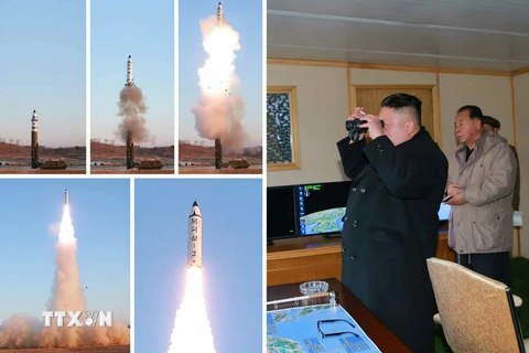 Nhà lãnh đạo Triều Tiên Kim Jong-un giám sát vụ phóng tên lửa đất đối đất Pukguksong-2 tại căn cứ không quân Banghyon ngày 12/2. (Nguồn: YONHAP/TTXVN