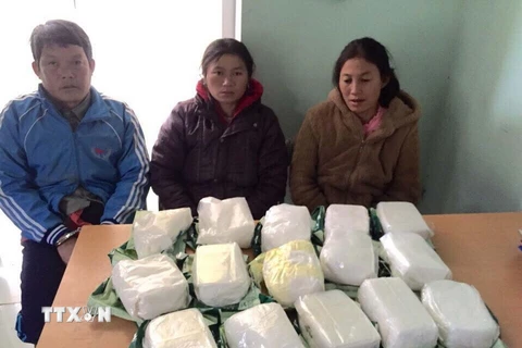 Các đối tượng vận chuyển 15kg ma túy bị bắt giữ tại cơ quan công an. (Ảnh: Trịnh Duy Hưng/TTXVN)