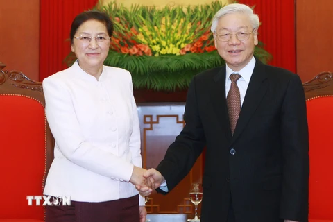 Tổng Bí thư Nguyễn Phú Trọng tiếp Chủ tịch Quốc hội Lào Pany Yathotou sang thăm hữu nghị chính thức Việt Nam. (Ảnh: Lâm Khánh/TTXVN)
