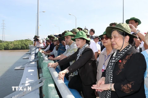 Chủ tịch Quốc hội Nguyễn Thị Kim Ngân và các đại biểu đi thực địa khu vực bị ảnh hưởng do biến đổi khí hậu ở huyện Cần Giờ. (Ảnh: Trọng Đức/TTXVN)