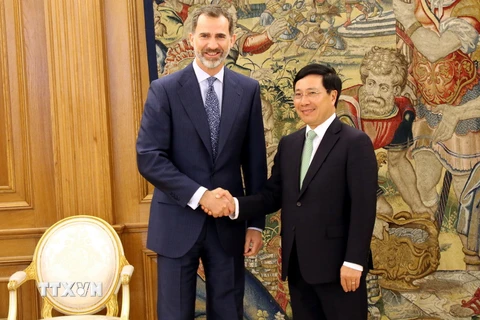 Phó Thủ tướng, Bộ trưởng Ngoại giao Phạm Bình Minh yết kiến Nhà vua Tây Ban Nha Felipe VI. (Ảnh: Ngự Bình/TTXVN)