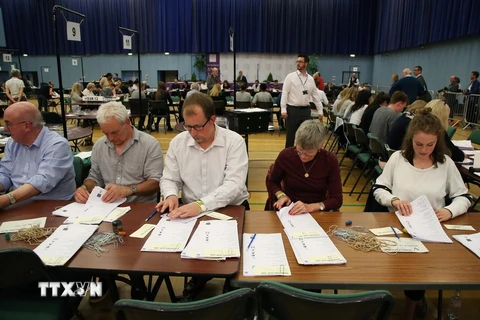 Các nhân viên Ủy ban bầu cử Anh tiến hành kiểm phiếu cuộc bầu cử Quốc hội ở Maidenhead ngày 8/6. (Nguồn: AFP/TTXVN)