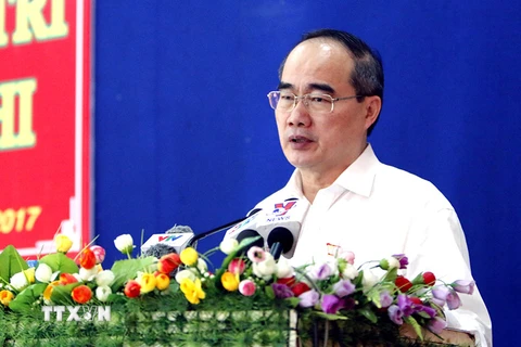 Bí thư Thành ủy Thành phố Hồ Chí Minh Nguyễn Thiện Nhân phát biểu. (Ảnh: Hoàng Hải/TTXVN)