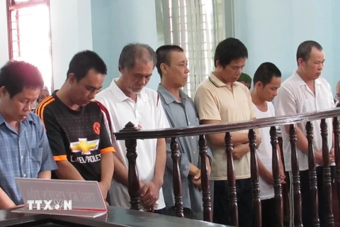 Bị cáo Lý Văn Đợi (áo trắng, thứ 3 từ trái qua) cùng đồng bọn nghe Tòa tuyên án. (Ảnh: Thanh Sang/TTXVN)