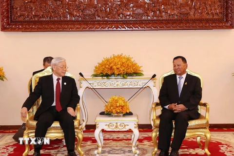 Tổng Bí thư Nguyễn Phú Trọng hội kiến với Chủ tịch Thượng viện Campuchia Samdech Say Chhum. (Ảnh: Trí Dũng/TTXVN)