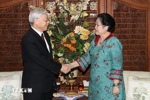 Tổng Bí thư Nguyễn Phú Trọng hội kiến với Chủ tịch Đảng Dân chủ đấu tranh (PDI – P) Megawati Sukarnoputri. (Ảnh: Trí Dũng/TTXVN)