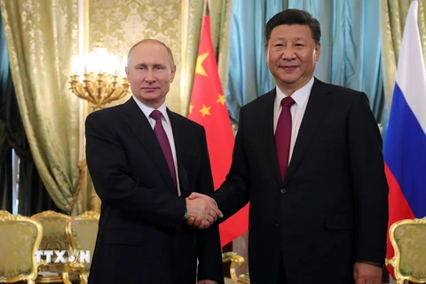 Tổng thống Nga Vladimir Putin (trái) và Chủ tịch Trung Quốc Tập Cận Bình tại cuộc gặp ở Moskva, Nga ngày 4/7. (Nguồn: AFP/TTXVN)