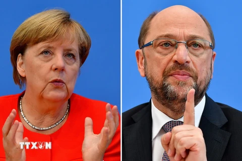 Hai ứng cử viên hàng đầu trong cuộc đua tranh chức thủ tướng Đức là bà Angela Merkel (ảnh, trái) và ông Martin Schulz (ảnh, phải). (Nguồn: AFP/TTXVN)