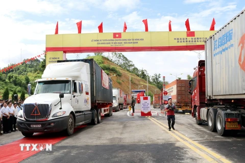 Xe vận tải xuất nhập khẩu hàng hóa lưu thông trên tuyến đường mới tại Cửa khẩu Quốc tế Hữu Nghị. (Ảnh: Thái Thuần/TTXVN)