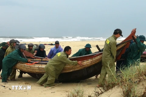 Lực lượng vũ trang Quảng Trị hỗ trợ người dân đưa thuyền vào bờ. (Ảnh: Thanh Thủy/TTXVN)