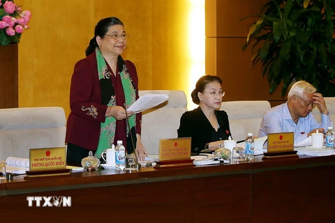 Phó Chủ tịch Quốc hội Tòng Thị Phóng phát biểu tại phiên họp. (Ảnh: Nguyễn Dân/TTXVN)