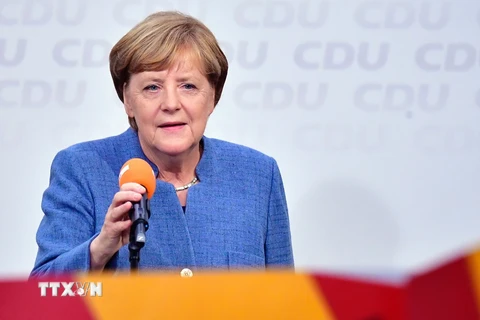 Lãnh đạo CDU, đương kim Thủ tướng Đức Angela Merkel tại buổi lễ sau bầu cử ở Berlin ngày 24/9. (Nguồn: AFP/TTXVN)