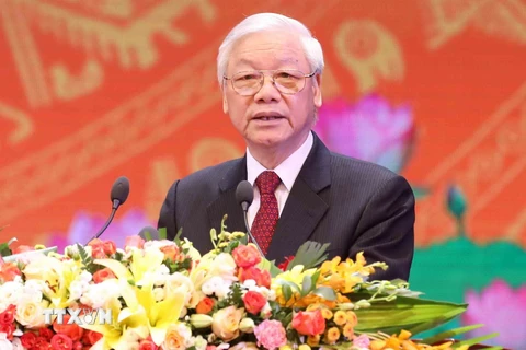 Tổng Bí thư Nguyễn Phú Trọng đọc diễn văn tại lễ kỷ niệm. (Ảnh: Phương Hoa/TTXVN)