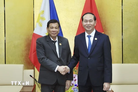 Chiều 9/11/2017, tại thành phố Đà Nẵng, Chủ tịch nước Trần Đại Quang gặp Tổng thống Philippines Rodrigo Duterte. (Nguồn: TTXVN)