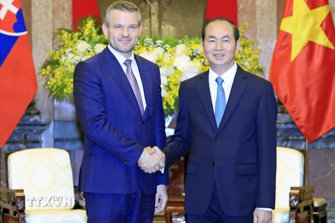 Chủ tịch nước Trần Đại Quang tiếp Phó Thủ tướng Slovakia Peter Pellegrini. (Ảnh: Nhan Sáng/TTXVN)