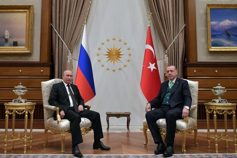 Tổng thống Nga Vladimir Putin hội đàm với người đồng cấp Thổ Nhĩ Kỳ Recep Tayyip Erdogan. (Nguồn: AFP)