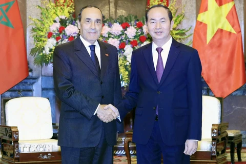 Chủ tịch nước Trần Đại Quang tiếp Chủ tịch Hạ viện Vương quốc Maroc Habib El Malki đang thăm chính thức Việt Nam. (Ảnh: Nhan Sáng/TTXVN)