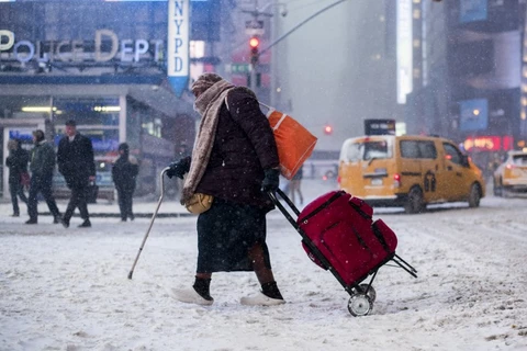 Một người đi lại dưới bão tuyết trên Quảng trường Thời đại, New York, ngày 4/1. (Nguồn: AFP)