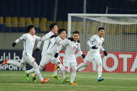 Các cầu thủ U23 Việt Nam ăn mừng sau bàn thắng của Quang Hải, trong trận đấu với U23 Hàn Quốc. (Nguồn: the-afc.com)