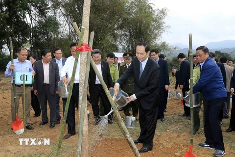 Chủ tịch nước Trần Đại Quang phát động "Tết trồng cây đời đời nhớ ơn Bác Hồ" tại xã Quân Bình, huyện Bạch Thông, tỉnh Bắc Kạn. (Ảnh: Nhan Sáng/TTXVN)