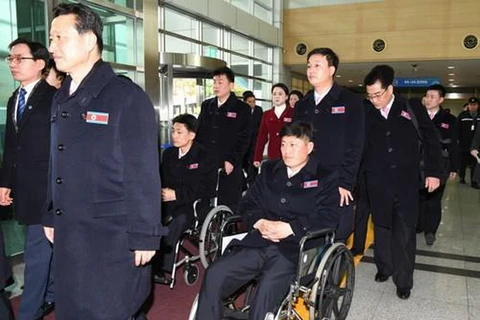 Đoàn thể thao người khuyết tật Triều Tiên đến Hàn Quốc ngày 7/3. (Nguồn: Yonhap)