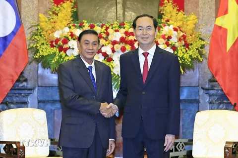 Chủ tịch nước Trần Đại Quang tiếp Chủ nhiệm Văn phòng Chủ tịch nước Cộng hòa Dân chủ Nhân dân Lào Khammeung Phongthady. (Ảnh: Nhan Sáng/TTXVN)