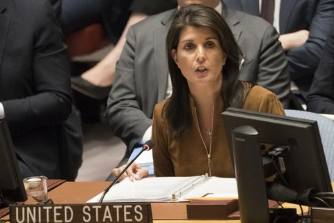 Đại sứ Mỹ tại Liên hợp quốc Nikki Haley phát biểu trong phiên họp công khai của Hội đồng Bảo an về tình hình Syria, ngày 9/4. (Nguồn: AFP)